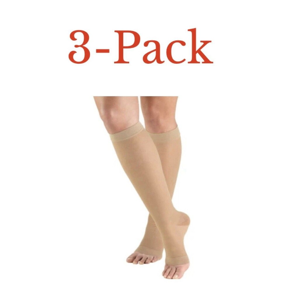 3-Pack Truform 15-20 mmHg Compression Stockings MEDIUM Open Toe Beige Knee High